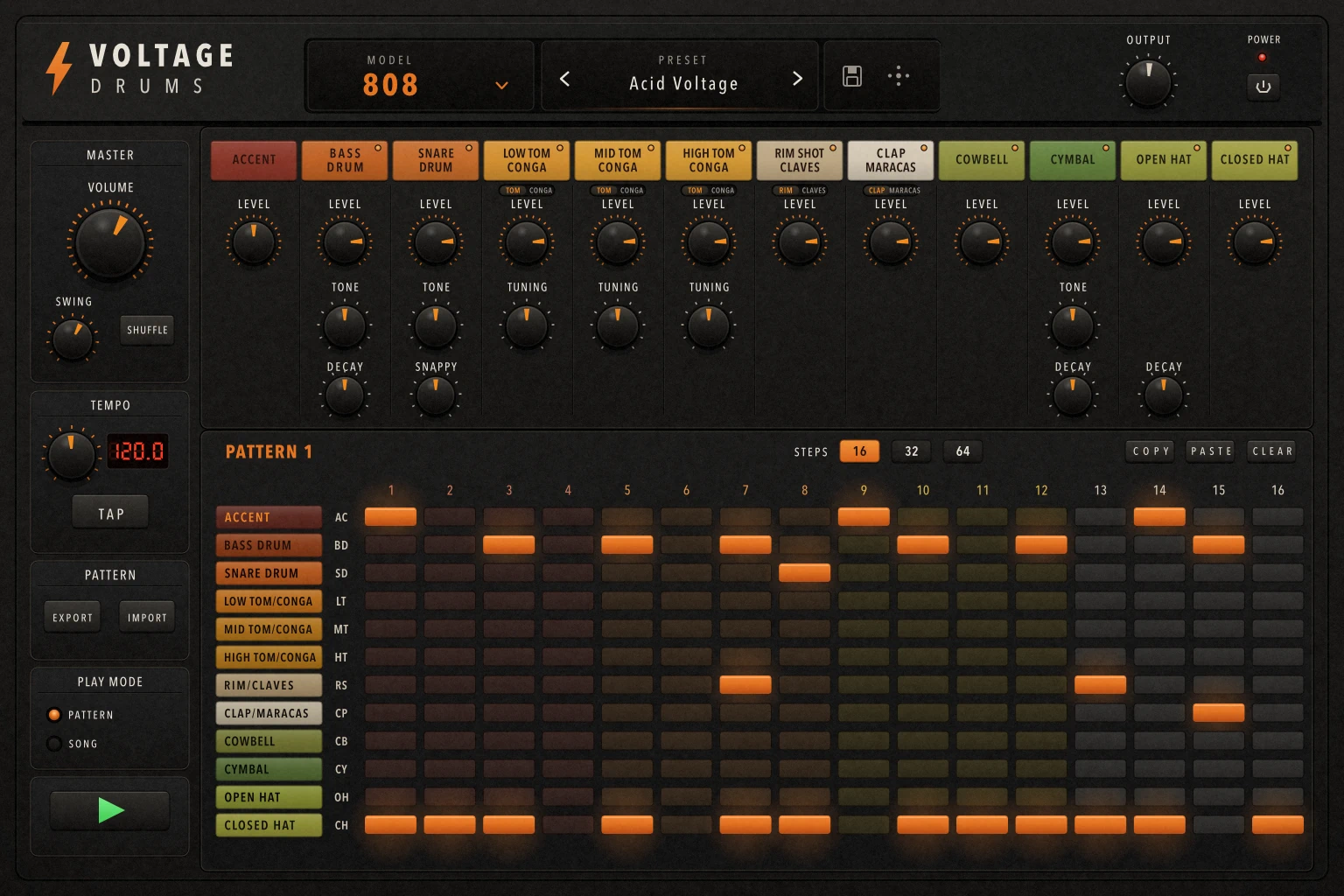 VoltageDrums 808-style interface with voice controls and a performance monitor